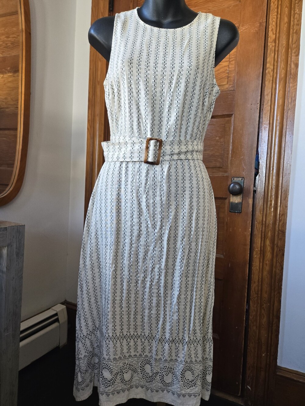 Ann Taylor Factory Cream Belted Linen-Blend Paisley-Trim A-line Midi US 2